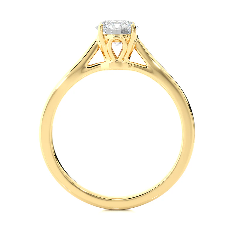 Side profile of 0.75 Carat Round Moissanite Solitaire Engagement Ring in Yellow Gold, highlighting the prong setting.