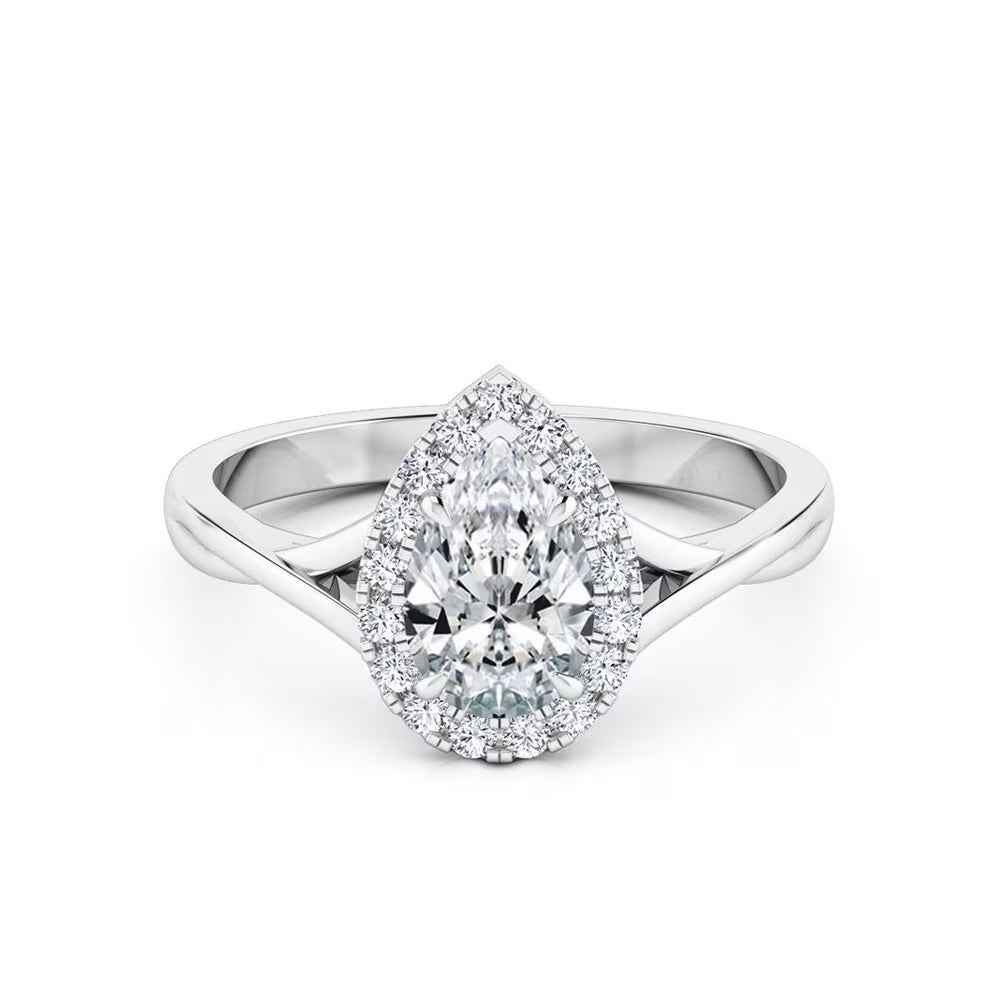 Pear Shape Moissanite Halo Engagement Ring in White Gold