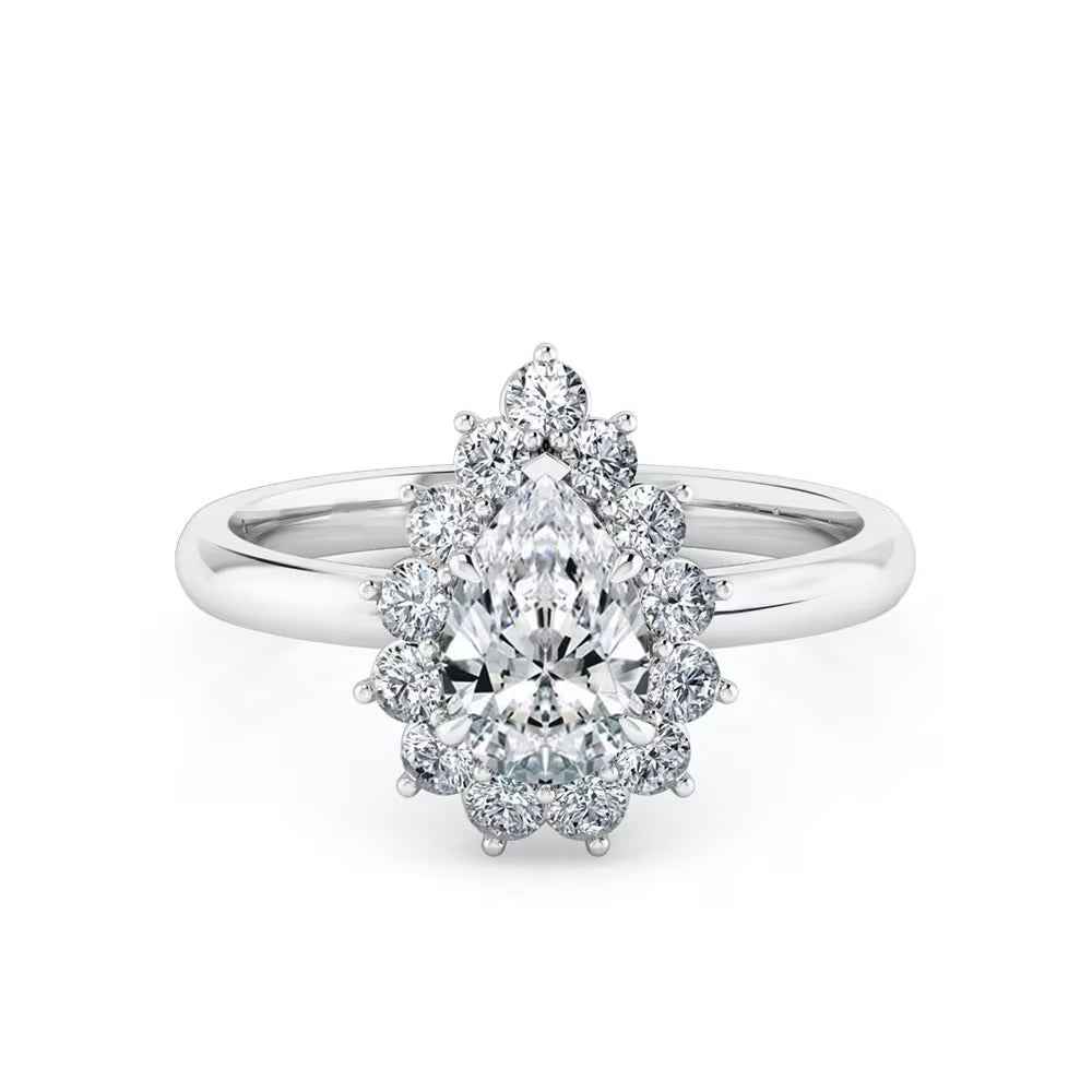 1.20 Carat Pear Shaped Halo Moissanite Solitaire Ring in Yellow Gold