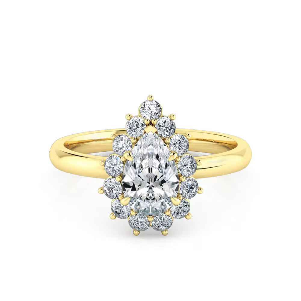 1.20 Carat Pear Shaped Halo Moissanite Solitaire Ring in Yellow Gold