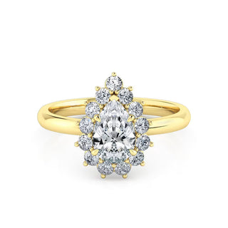 1.2 Carat Pear Cut Halo Solitaire Moissanite Ring in Yellow Gold