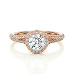 Load image into Gallery viewer, Front view of 1.50 Ct Round Moissanite Split Shank Halo Engagement Ring in Rose Gold, highlighting the brilliant center moissanite stone.
