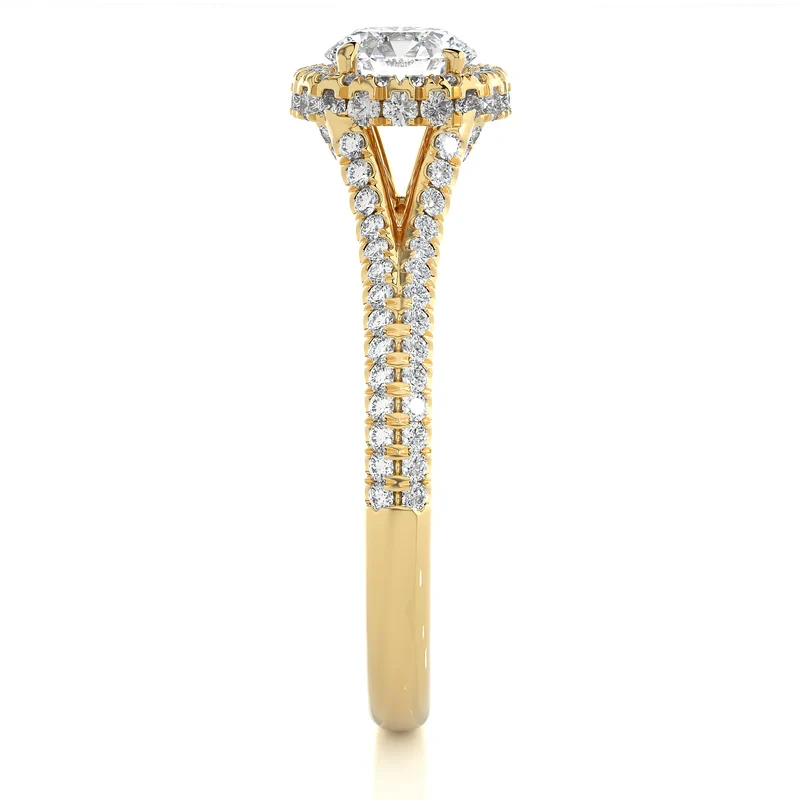 1.50 Carat Round Moissanite Split Shank Halo Engagement Ring In Yellow Gold