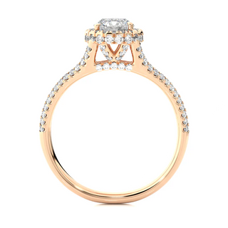 Side profile of 1.50 Ct Round Moissanite Split Shank Halo Engagement Ring in Rose Gold, highlighting the prong setting.