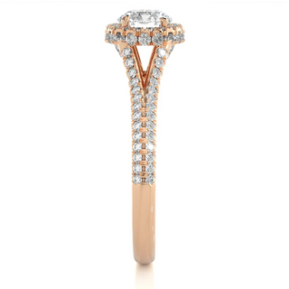 1.50 Ct Round Moissanite Split Shank Halo Engagement Ring in Rose Gold