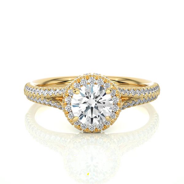 Front view of 1.50 Carat Round Moissanite Split Shank Halo Engagement Ring In Yellow Gold, highlighting the brilliant center moissanite stone.