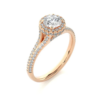 1.50 Ct Round Moissanite Split Shank Halo Engagement Ring in Rose Gold
