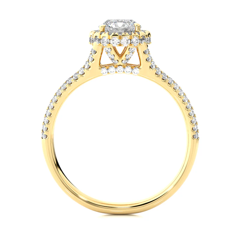 Side profile of 1.50 Carat Round Moissanite Split Shank Halo Engagement Ring In Yellow Gold, highlighting the prong setting.