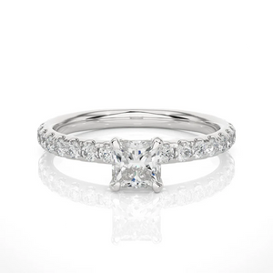 Front view of 1.50 Ct Princess Cut Moissanite Engagement Ring with Accents in White Gold, highlighting the brilliant center moissanite stone.