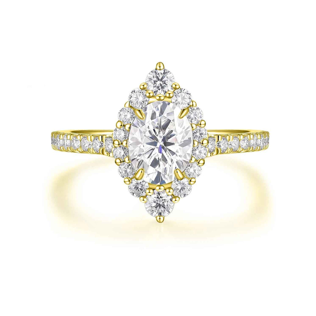 1.50 Ct Oval Cut Moissanite Halo Engagement Ring in Yellow Gold