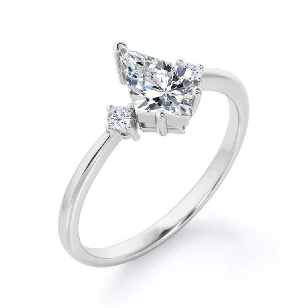 1.50 Carat Kite & Round Shape Moissanite Three Stone Ring In White Gold