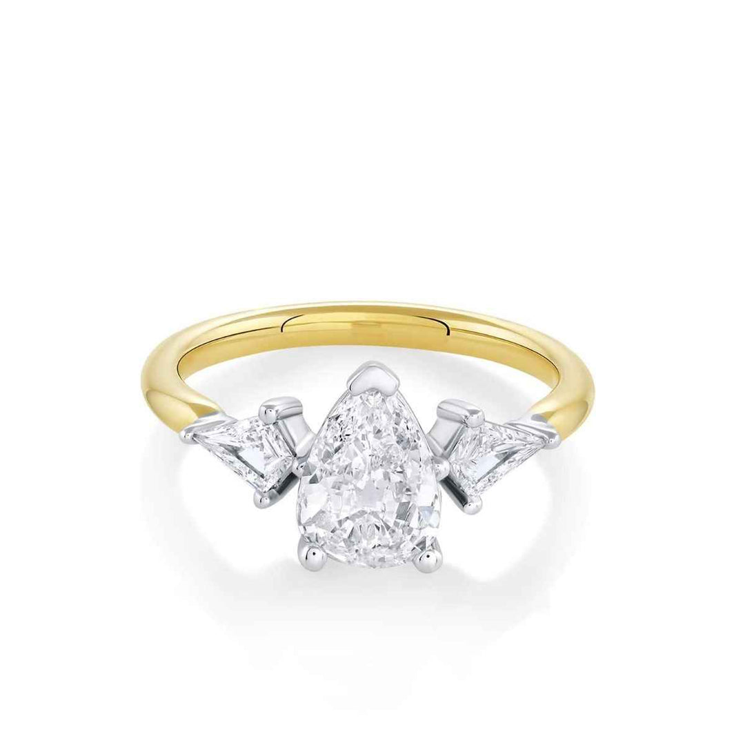 1.50 Carat Pear & Kite Shape Moissanite Three Stone Ring In Yellow Gold