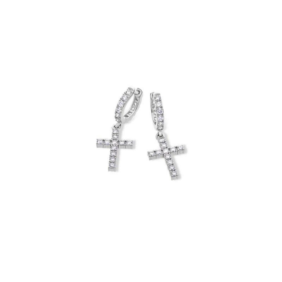 1.5 Carat Round Moissanite Drop Cross Earrings In White Gold