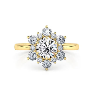 1.8 Carat Round Shape Moissanite Floral Engagement Ring In Yellow Gold