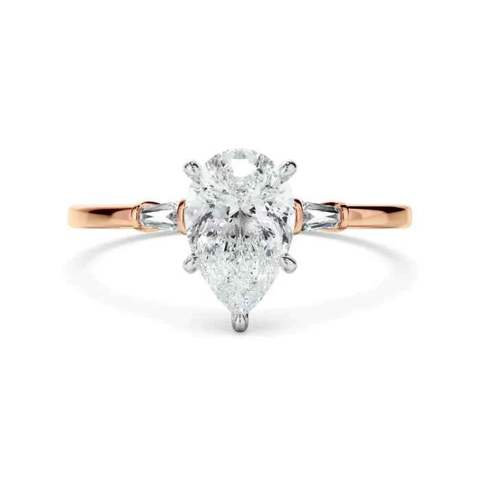 1.80 Carat Pear and Baguette Cut Three Stone Moissanite Ring in White God