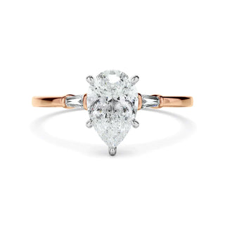 1.8 Carat Pear and Baguette Cut Three Stone Moissanite ring in White God