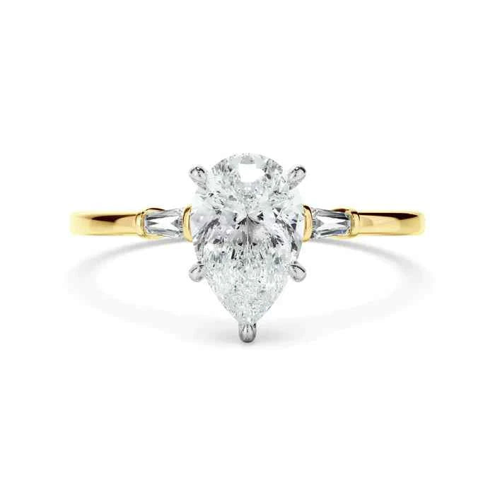 1.80 Carat Pear and Baguette Cut Three Stone Moissanite Ring in White God