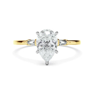 1.8 Carat Pear and Baguette Cut Three Stone Moissanite ring in White God