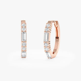 1 Carat Round & Baguette Shape Moissanite Hoop Earrings In rose Gold