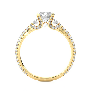Side profile of 1 Carat Round Moissanite Engagement Ring With Accents in Yellow Gold, highlighting the prong setting.
