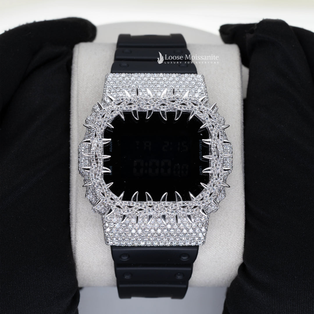 Front View Of Iced-out Moissanite Black Dial DW-5600 watch