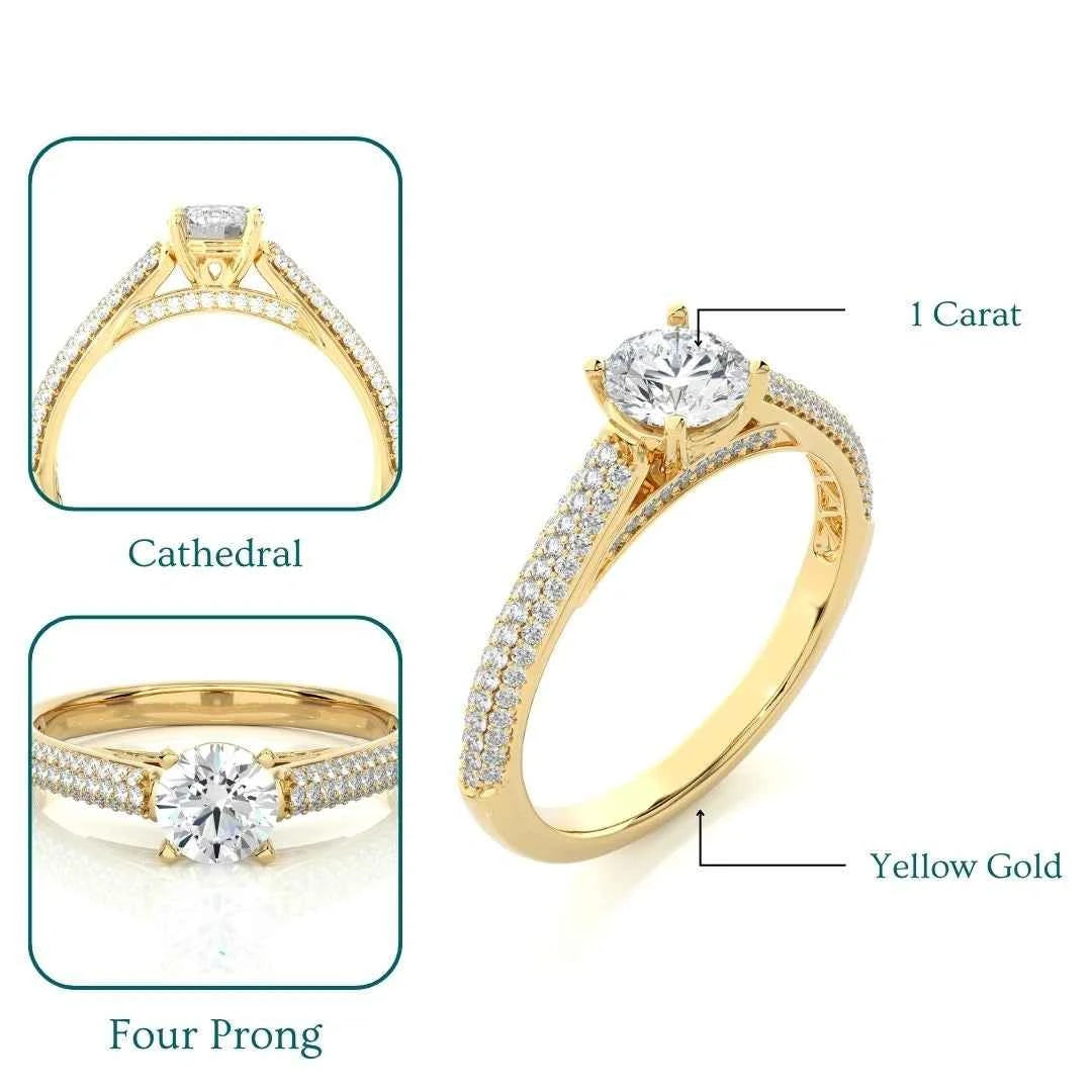1 Ct Moissanite Three Row Engagement Ring with Accent In Yellow Gold