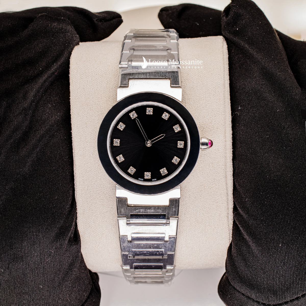 Front view of black dial stainless steel ladies watch