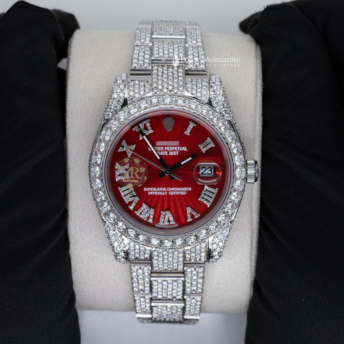Front view of datejust moissanite red dial iced out watches
