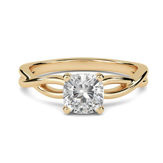 1 Carat Cushion Cut Criss Cross Moissanite Ring in Yellow Gold