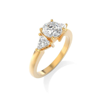 2 Ct Round & Trillion Cut Moissanite Three Stone Ring In Yellow Gold