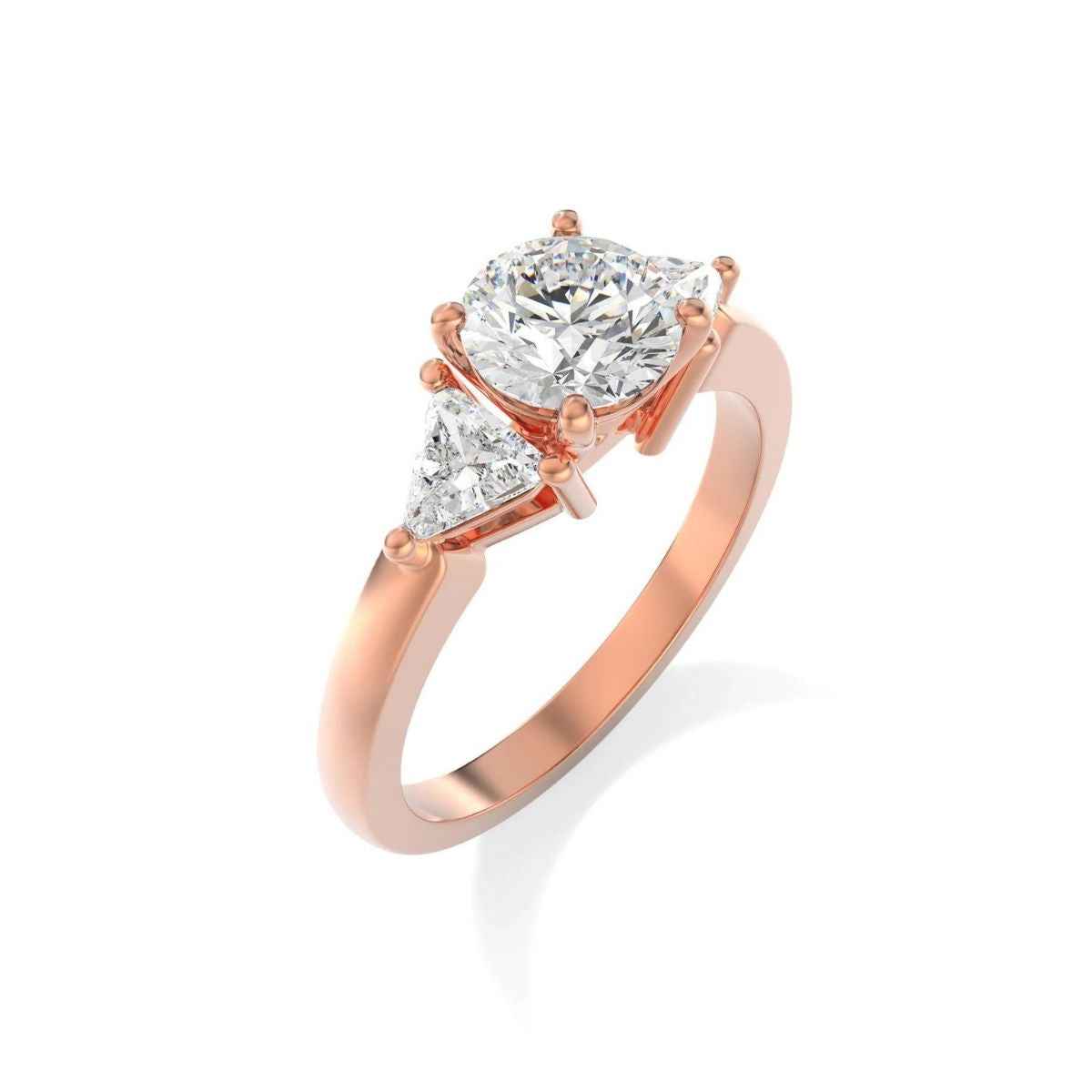 2 ct round & trillion cut moissanite three stone ring in rose gold