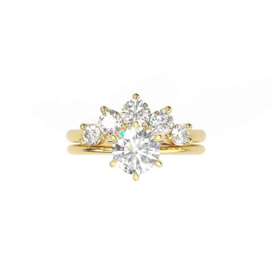 2.50 Carat Round Shape Moissanite Cluster Bridal Set Ring In Yellow Gold
