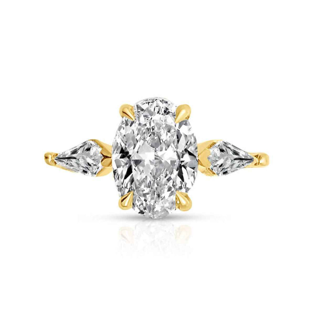 2.50 Ct Oval & Kite Cut Moissanite Three Stone Ring in Yellow Gold