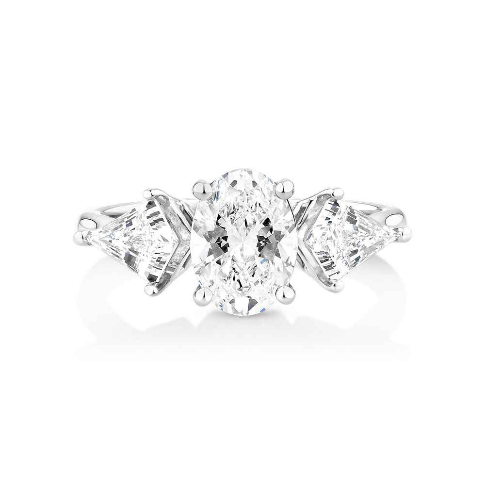 2.80 Carat Oval Shape Three Stone Moissanite Ring in White Gold