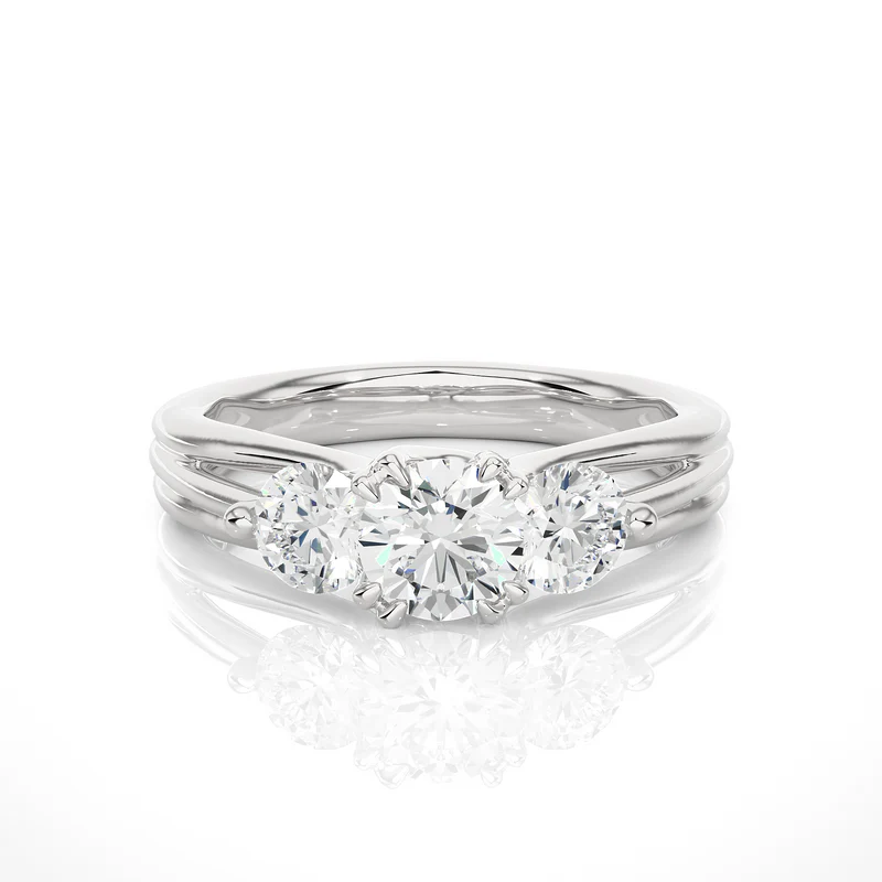 Front view of 2 Carat 3 Stone Round Cut Moissanite Ring in White Gold, highlighting the brilliant center moissanite stone.