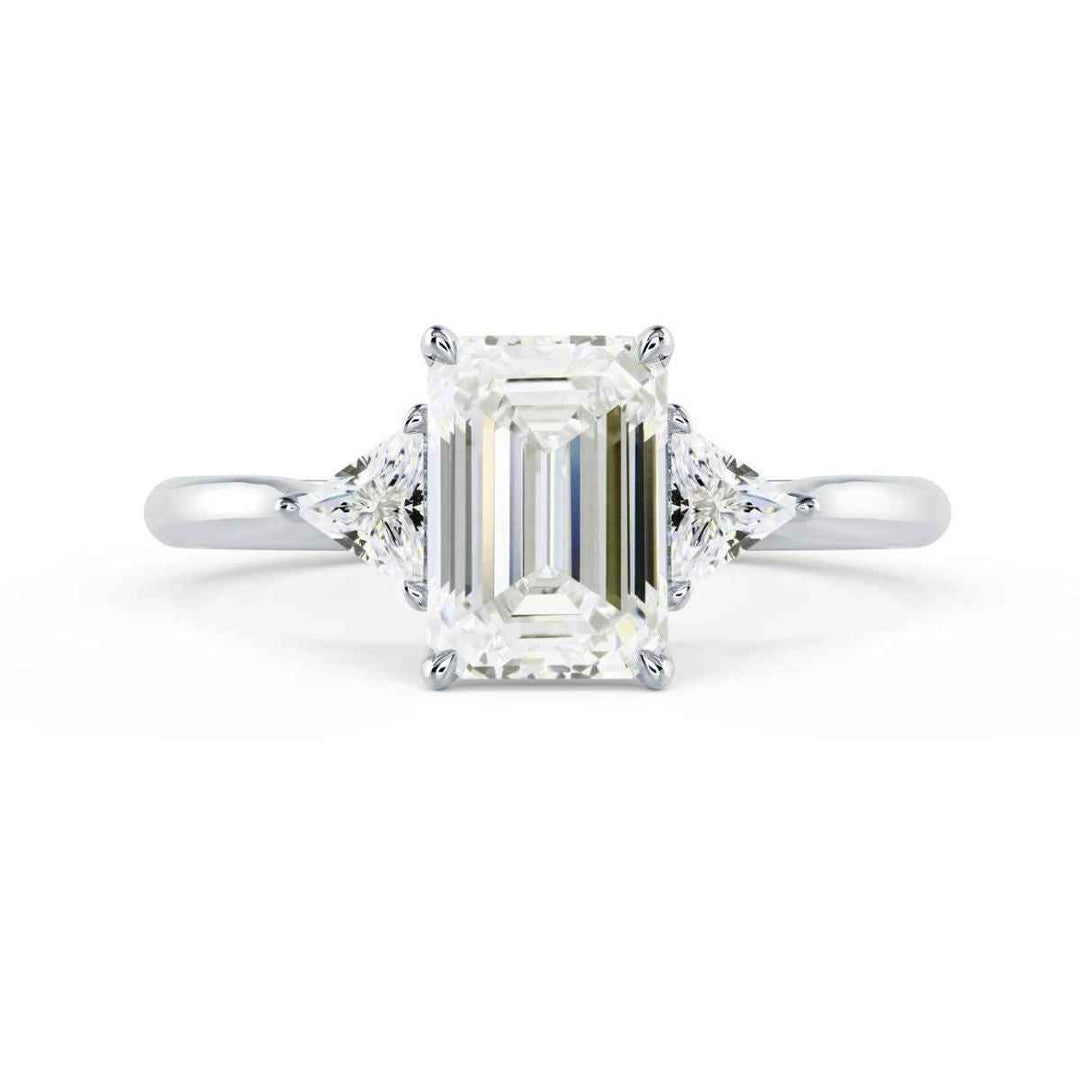 2 Carat Emerald & Trillion Cut Moissanite Three Stone Ring In White Gold