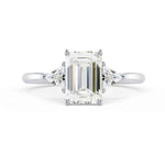 Load image into Gallery viewer, 2 Carat Emerald &amp; Trillion Cut Moissanite Three Stone Ring In White Gold
