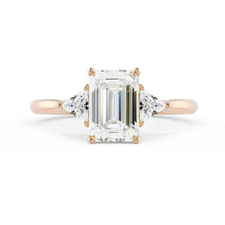 2 Carat Emerald & Trillion Cut Moissanite Three Stone Ring In Rose Gold