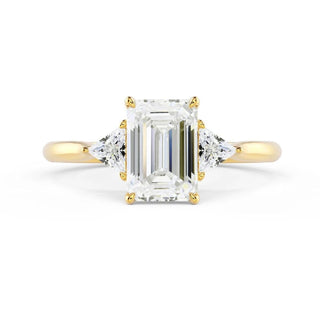 2 Carat Emerald & Trillion Cut Moissanite Three Stone Ring In Yellow Gold