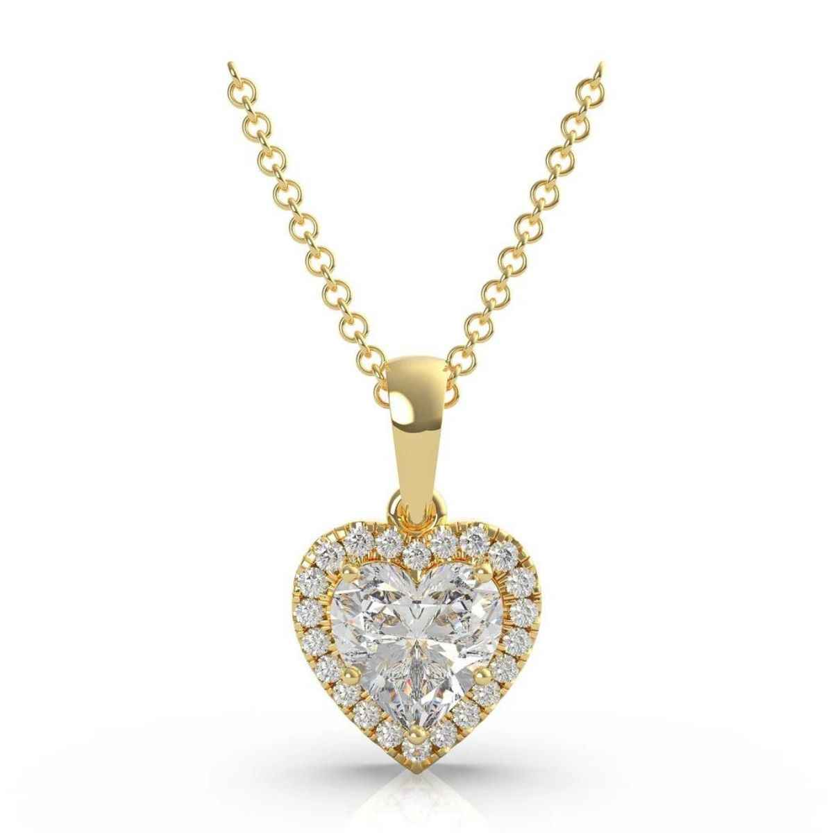 2 carat heart shape moissanite halo pendant in yellow gold