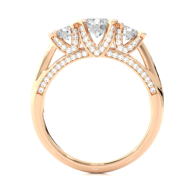 Side profile of 2 Ct Moissanite Three Stone Engagement Ring with Accent in Rose Gold, highlighting the prong setting.