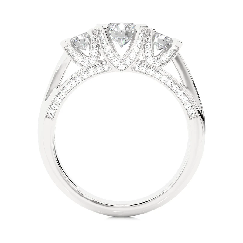 Side profile of 2 Ct Moissanite 3 Stone Engagement Ring with Accent in Silver, highlighting the prong setting.