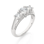 Load image into Gallery viewer, Angled view of 2 Ct Moissanite 3 Stone Engagement Ring with Accent in Silver, showcasing the band and setting.​
