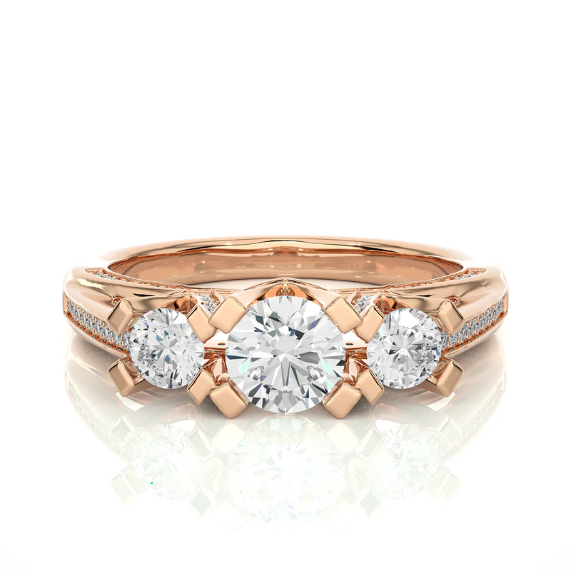 Front view of 2 Ct Moissanite Three Stone Engagement Ring with Accent in Rose Gold, highlighting the brilliant center moissanite stone.