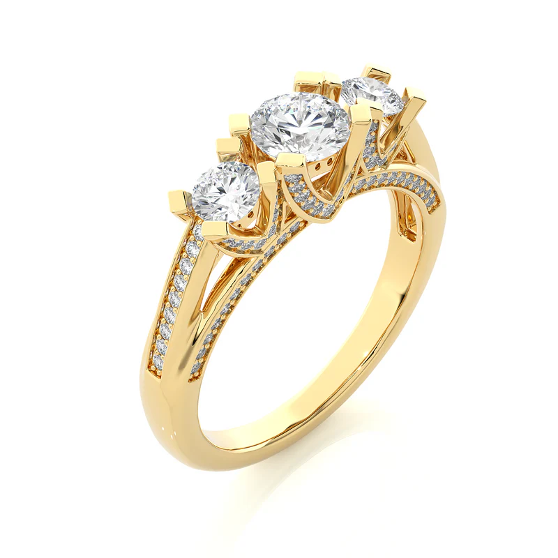 Angled view of 2 ct moissanite 3 stone engagement ring with accents in yellow gold, showcasing the band and setting