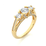 Load image into Gallery viewer, Angled view of 2 Ct Moissanite 3 Stone Engagement Ring With Accents in Yellow Gold, showcasing the band and setting.​
