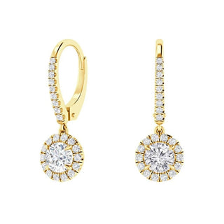 2 Carat Pair Round Shape Moissanite Dangle Earrings In Yellow Gold