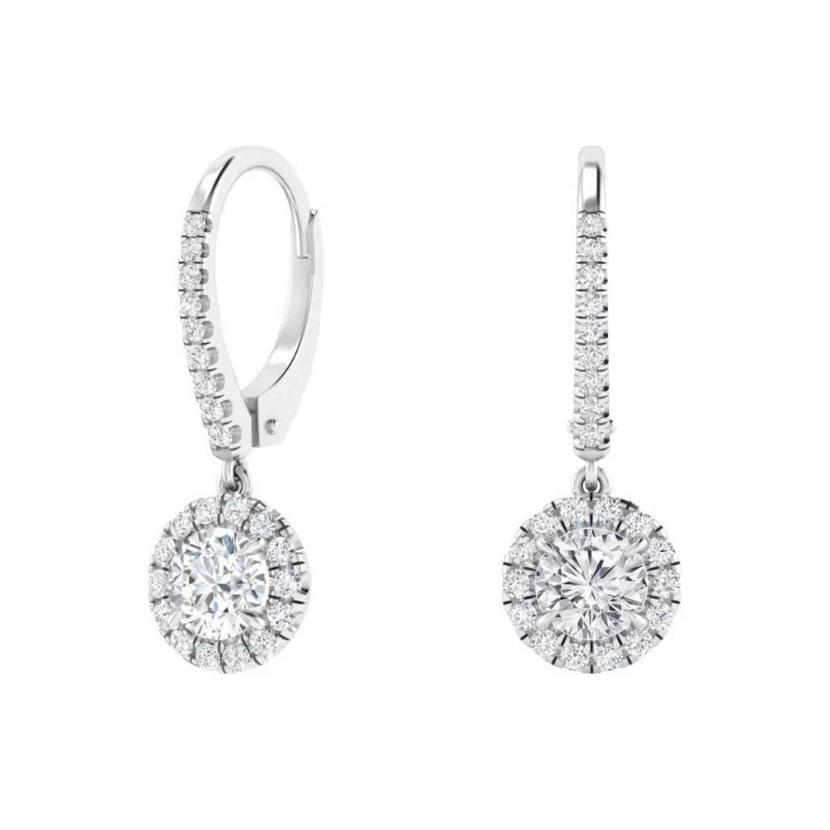 2 carat round moissanite dangle earrings in white gold