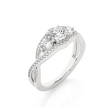 Load image into Gallery viewer, Angled view of 2 Carat Round Moissanite Three Stone Twisted Engagement Ring in White Gold, showcasing the band and setting.​
