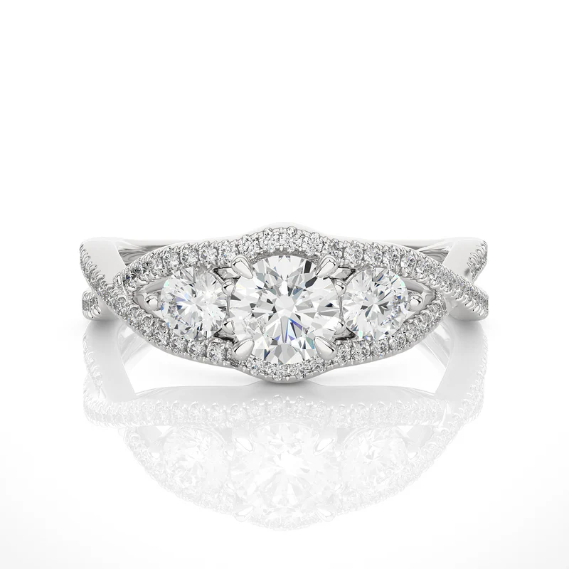 Front view of 2 carat round cut moissanite three stone twisted engagement ring in white gold, highlighting the brilliant center moissanite stone